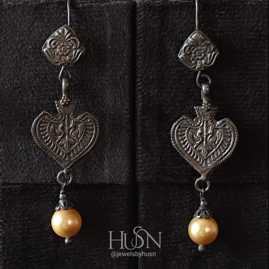 Handcrafted Antique Silver Heart Earrings with Pearl Drop